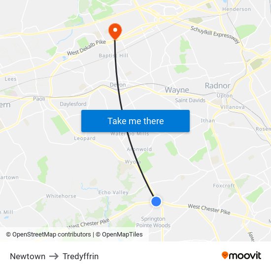 Newtown to Tredyffrin map