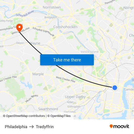 Philadelphia to Tredyffrin map