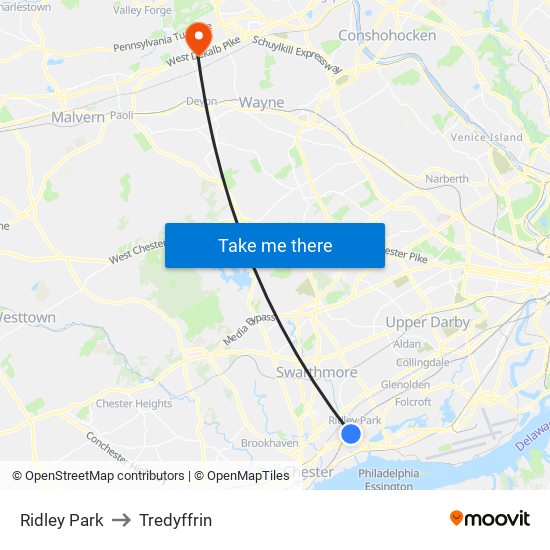 Ridley Park to Tredyffrin map