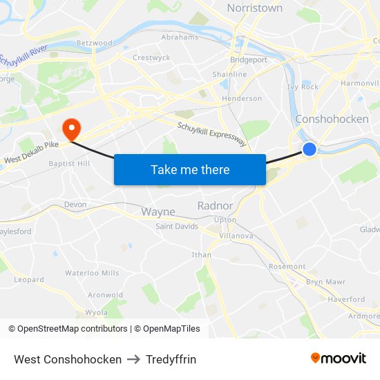 West Conshohocken to Tredyffrin map