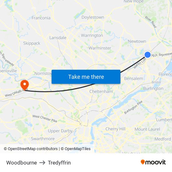 Woodbourne to Tredyffrin map