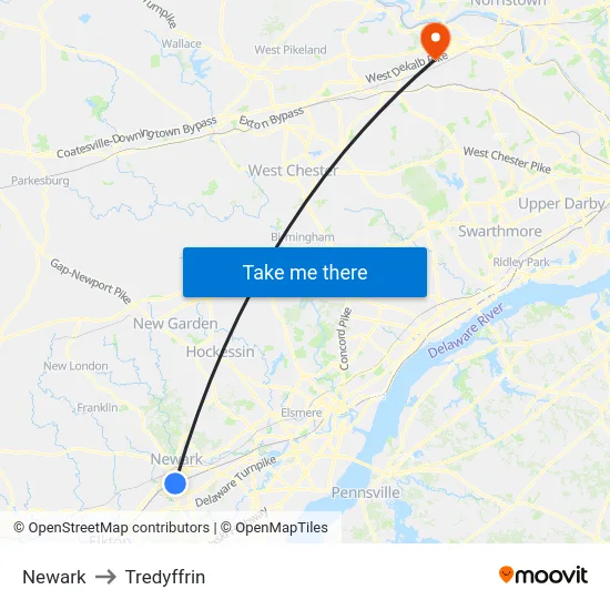 Newark to Tredyffrin map