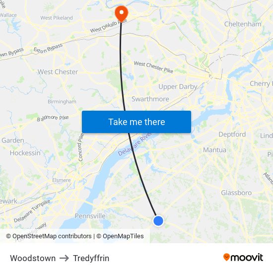 Woodstown to Tredyffrin map