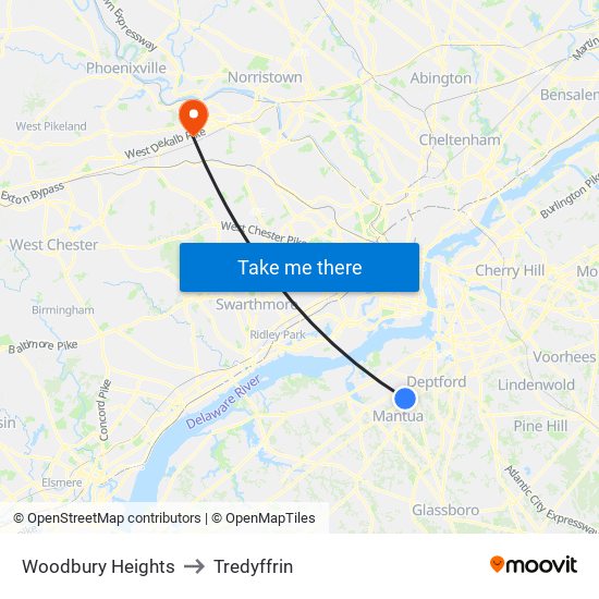 Woodbury Heights to Tredyffrin map