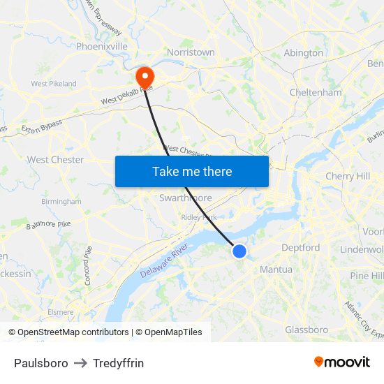 Paulsboro to Tredyffrin map