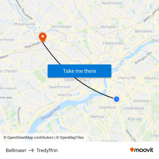 Bellmawr to Tredyffrin map