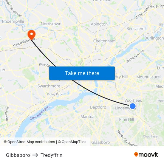 Gibbsboro to Tredyffrin map