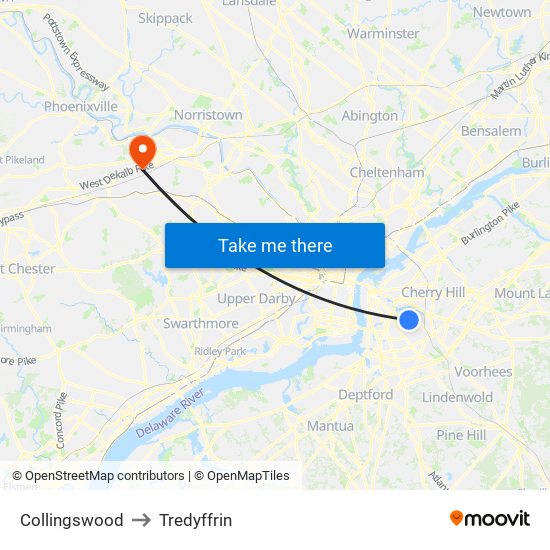 Collingswood to Tredyffrin map