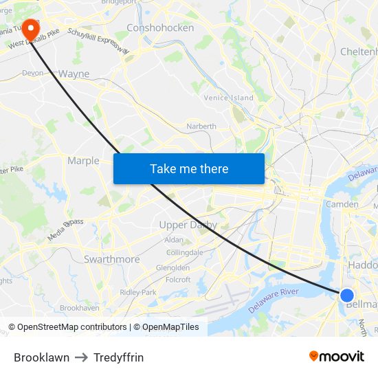 Brooklawn to Tredyffrin map