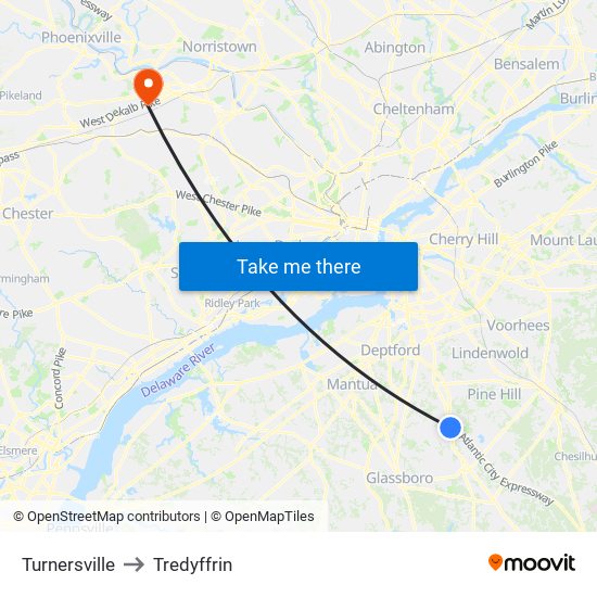 Turnersville to Tredyffrin map