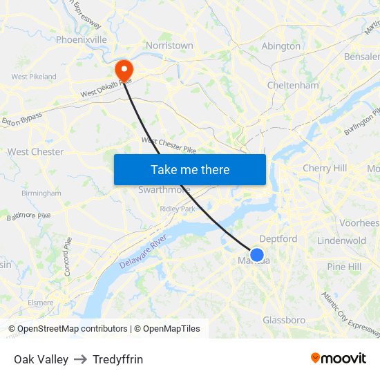 Oak Valley to Tredyffrin map