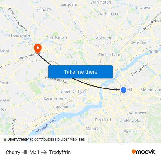 Cherry Hill Mall to Tredyffrin map