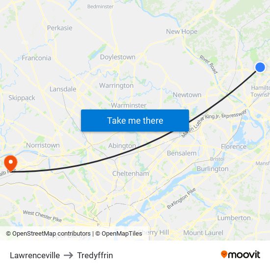 Lawrenceville to Tredyffrin map