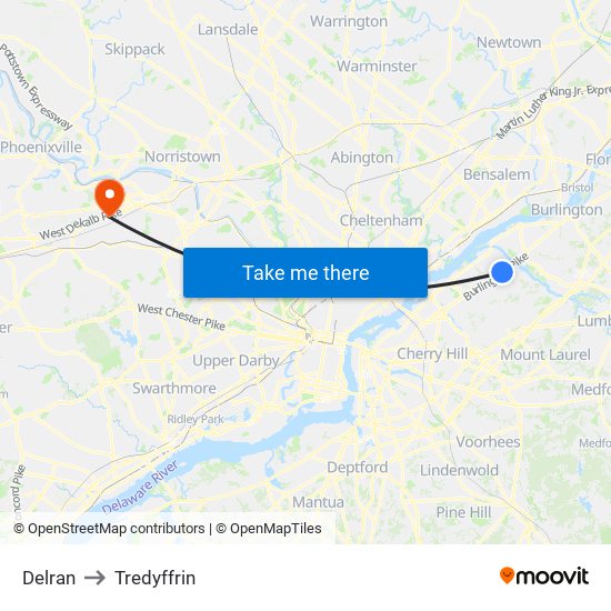 Delran to Tredyffrin map