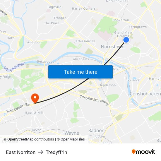 East Norriton to Tredyffrin map