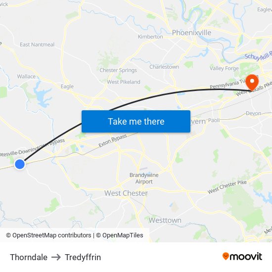 Thorndale to Tredyffrin map