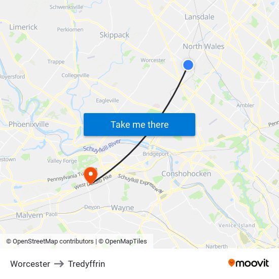 Worcester to Tredyffrin map