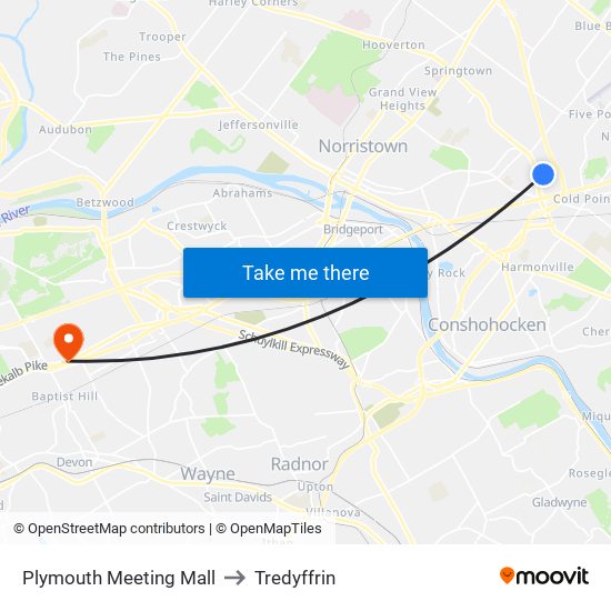 Plymouth Meeting Mall to Tredyffrin map