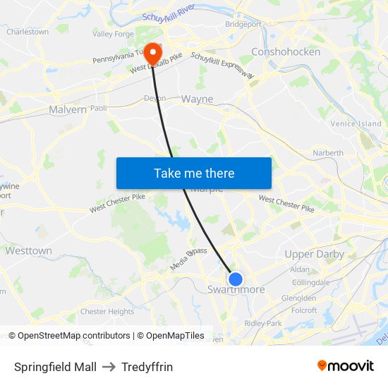Springfield Mall to Tredyffrin map