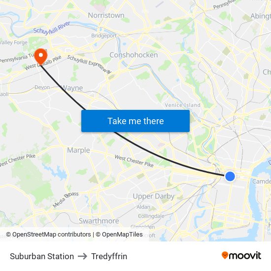 Suburban Station to Tredyffrin map