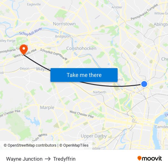 Wayne Junction to Tredyffrin map