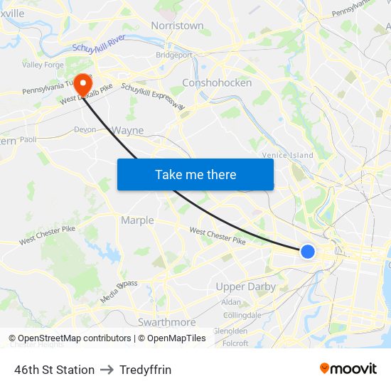 46th St Station to Tredyffrin map