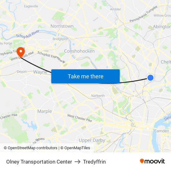 Olney Transportation Center to Tredyffrin map