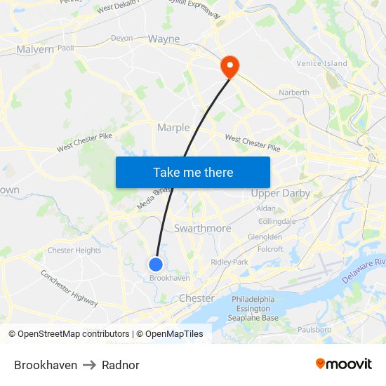 Brookhaven to Radnor map
