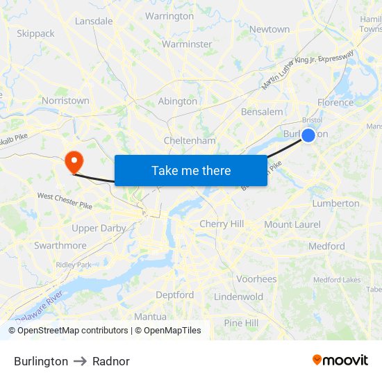 Burlington to Radnor map