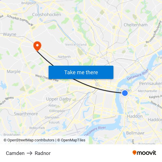 Camden to Radnor map