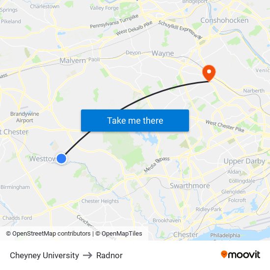 Cheyney University to Radnor map