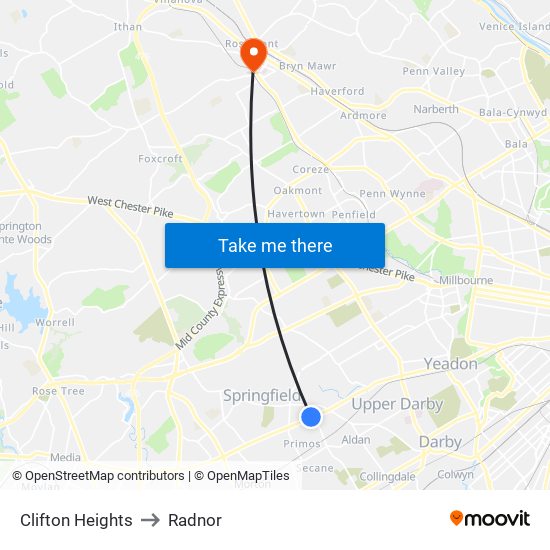 Clifton Heights to Radnor map