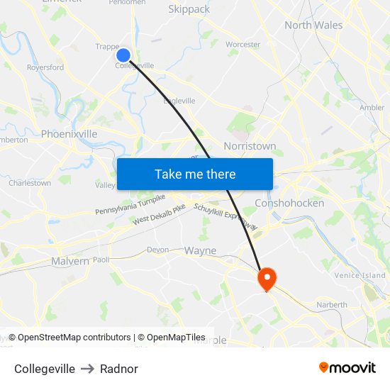 Collegeville to Radnor map