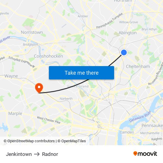Jenkintown to Radnor map
