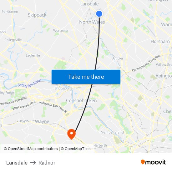 Lansdale to Radnor map