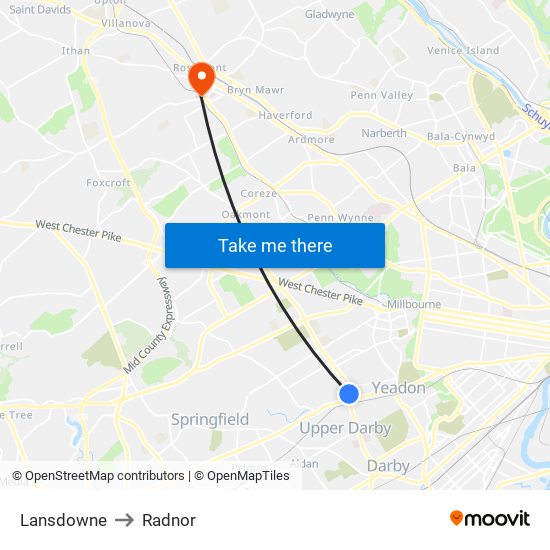 Lansdowne to Radnor map