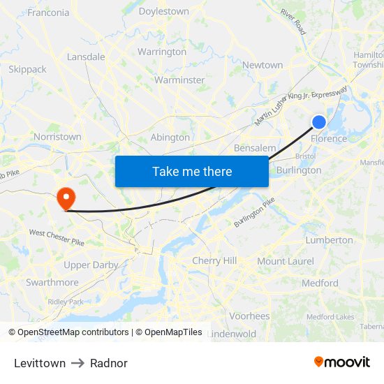 Levittown to Radnor map