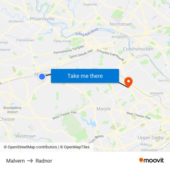Malvern to Radnor map
