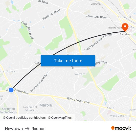 Newtown to Radnor map