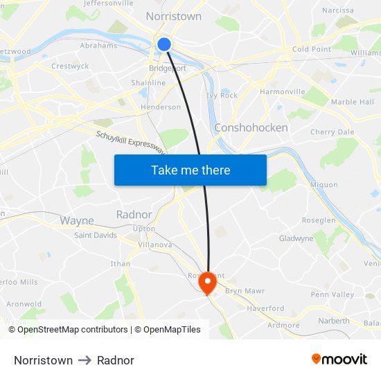 Norristown to Radnor map