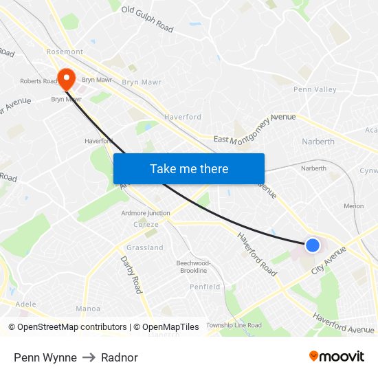 Penn Wynne to Radnor map