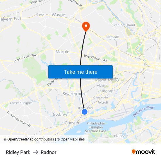 Ridley Park to Radnor map