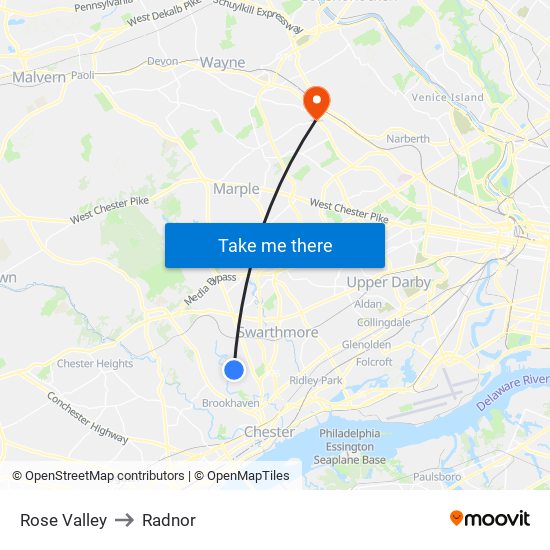 Rose Valley to Radnor map