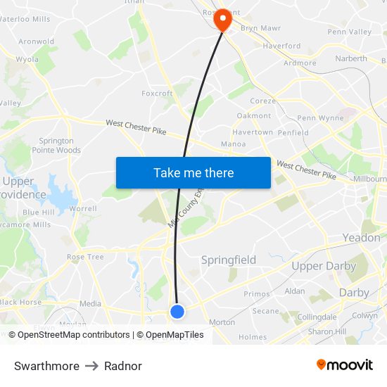 Swarthmore to Radnor map