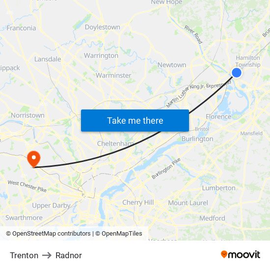 Trenton to Radnor map