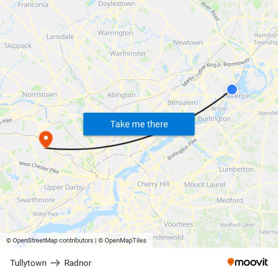 Tullytown to Radnor map