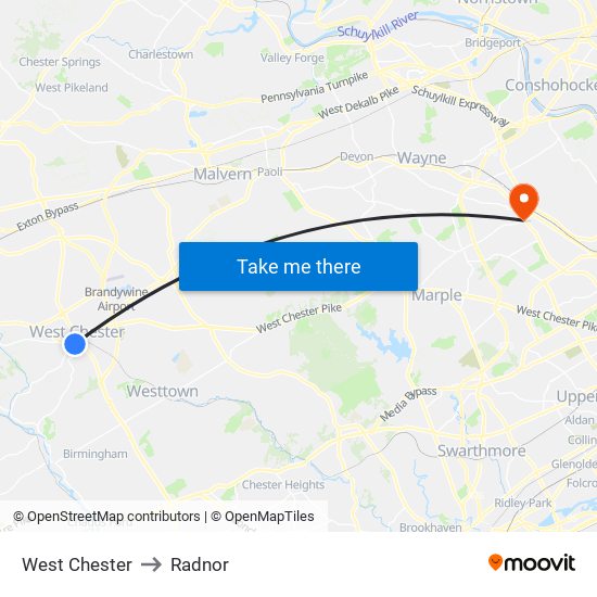 West Chester to Radnor map