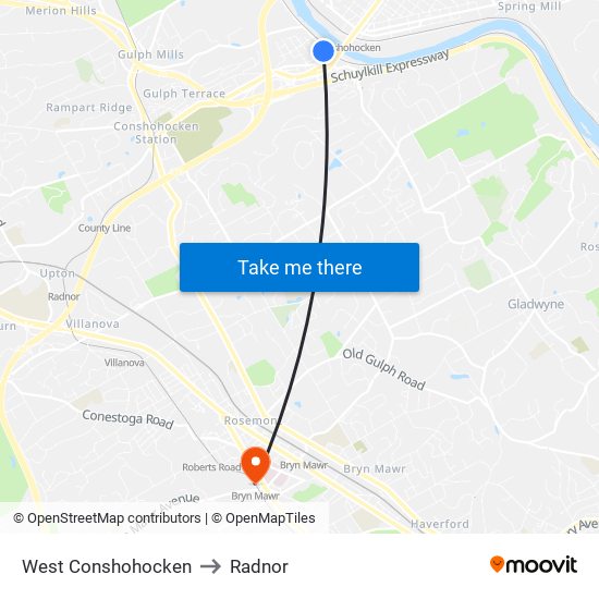 West Conshohocken to Radnor map