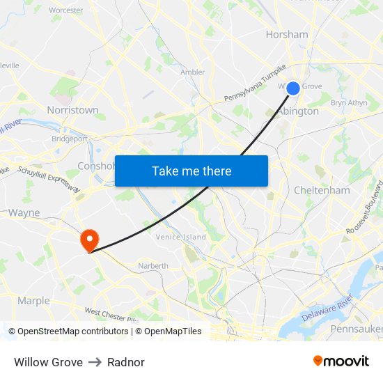 Willow Grove to Radnor map