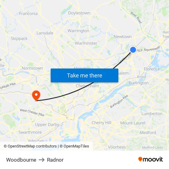 Woodbourne to Radnor map